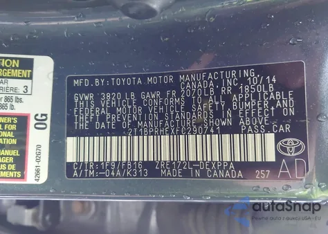 2015 Toyota Corolla Le Eco Plus из США, поврежденный, VIN 2T1BPRHEXFC290741